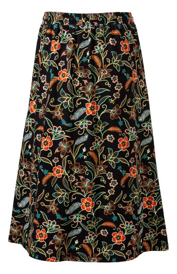 Schwarzer langer Rock mit buntem Blumenmuster in Orange, Grün, Blau und Beige, ausgestellte Form, hoher Bund ohne sichtbare Verschlüsse