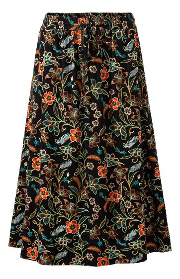 Maxirock schwarz mit buntem Blumenmuster in Orange, Rot, Grün, ausgestellte Form, elastischer Bund, zwei Eingrifftaschen, knöchellang