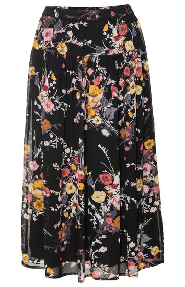 Maxirock in Schwarz mit Blumenmuster in Gelb, Rosa und Weiß, hohe Taille, ausgestellter Saum, knöchellang