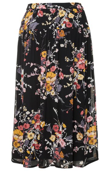 Schwarzer Midirock mit buntem Blumenmuster in Gelb, Rosa und Weiß, glatter Bund, ausgestellter Schnitt