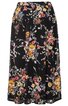 Schwarzer Midirock mit buntem Blumenmuster in Gelb, Rosa und Weiß, glatter Bund, ausgestellter Schnitt