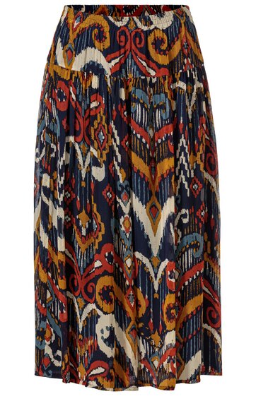 Plissierter Midi-Rock in Dunkelblau mit buntem ethnischem Muster in Rot, Gelb, Weiß und Hellblau, elastischer Bund, weit geschnitten