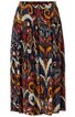 Plissierter Midi-Rock in Dunkelblau mit buntem ethnischem Muster in Rot, Gelb, Weiß und Hellblau, elastischer Bund, weit geschnitten