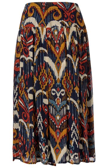 Midirock in Dunkelblau, Rostrot, Senfgelb und Creme mit Ethno-Muster, elastischer Bund, Faltenrock, lose fallend