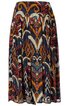 Midirock in Dunkelblau, Rostrot, Senfgelb und Creme mit Ethno-Muster, elastischer Bund, Faltenrock, lose fallend