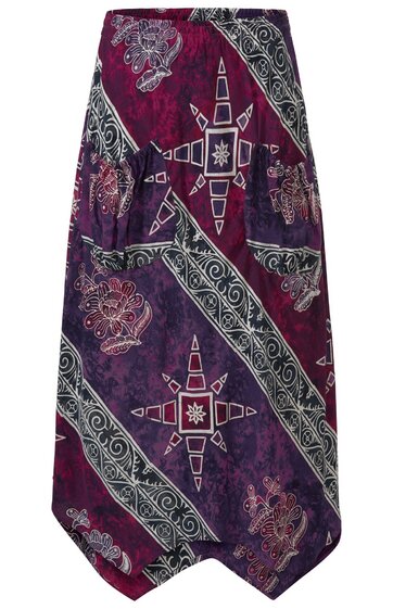 Langer Rock in dunklem Violett und Bordeauxrot mit weiß-schwarzem Ethno-Muster, asymmetrischer Saum, locker fallend