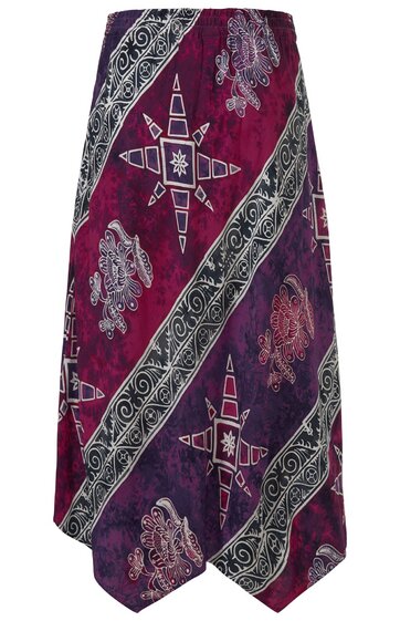 Langer Rock in dunklem Weinrot und Lila mit diagonalen breiten schwarzen Streifen, weißes ethnisches Muster, asymmetrischer Saum, mittlere Taille