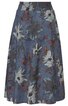 Midirock in blaugrau mit floralem Muster in Weiß, Hellblau und Braun, elastischer breiter Bund, ausgestellte Form, glatter Stoff