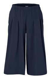 Dunkelblaue Culottes-Hose, weite Beine, elastischer Bund, ohne sichtbare Verschlüsse, knielang