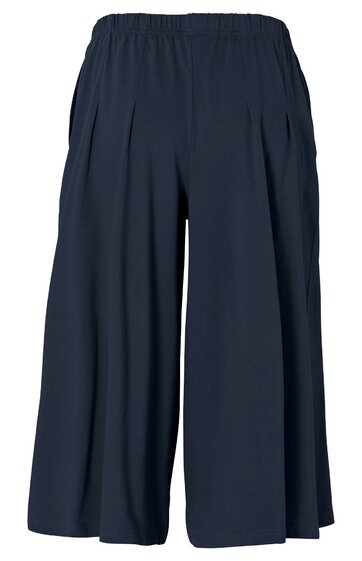 Dunkelblaue weite Damenhose, knöchellang, elastischer Bund, ohne Muster, seitliche Eingrifftaschen