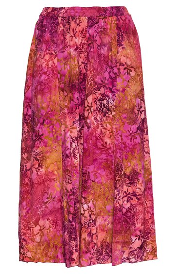 Maxirock in kräftigem Pink mit orangefarbenem und dunklem Blumenmuster, elastischer Bund, weit fließende Form, knöchellang