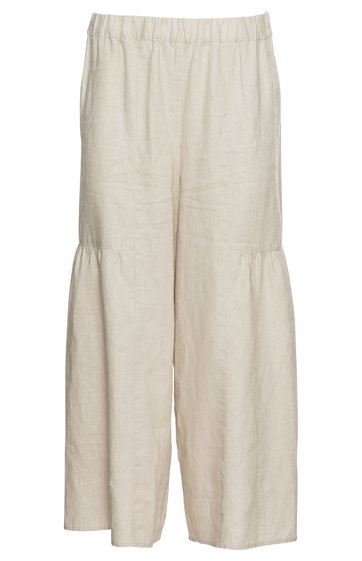 Beige lockere Hose ohne Muster, hoher elastischer Bund, weite Beinform mit gerüschtem Einsatz oberhalb der Knie