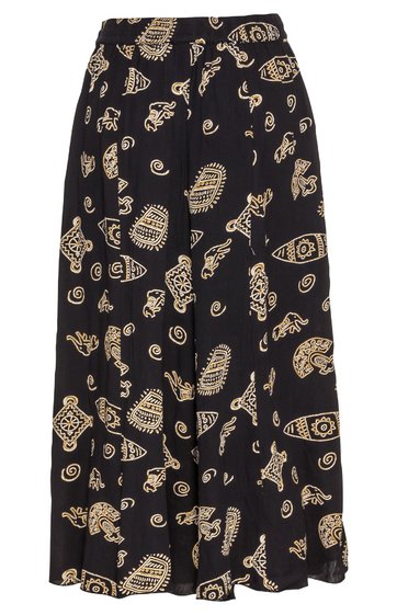 Maxirock in Schwarz mit beige abstraktem Muster, gerade geschnitten, hoher Bund, lang und weit fallend