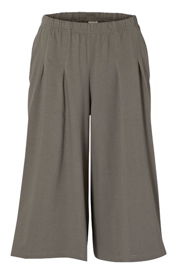 Weite Hose in graubraun, knöchellang, elastischer Bund, zwei schräge Seitentaschen, ohne Muster