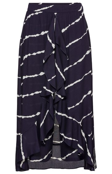 Maxirock in Dunkelblau mit diagonalen weißen Streifen, asymmetrischer Volant vorne, elastischer Bund, locker fallende Form