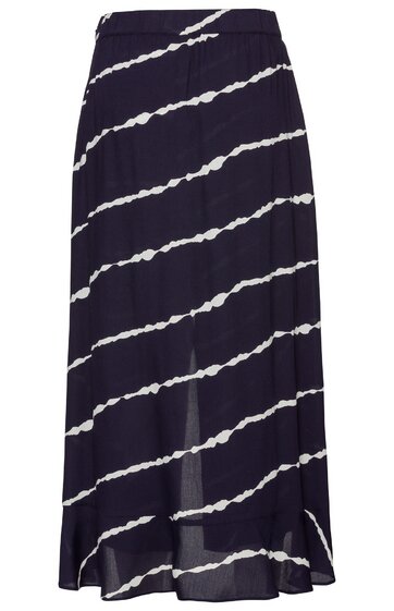 Damenrock in Dunkelblau mit diagonalen, weißen Linien, knöchellang, asymmetrischer Saum, leichter Stoff