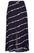 Damenrock in Dunkelblau mit diagonalen, weißen Linien, knöchellang, asymmetrischer Saum, leichter Stoff