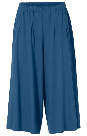 Weite, kniehohe Hose in dunklem Blau, elastischer Bund, einfache Front ohne Muster oder Verzierungen