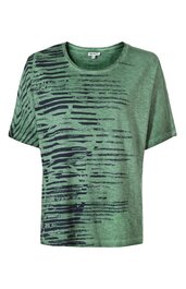 Grünes kurzärmeliges T-Shirt mit asymmetrischem schwarzen Streifenmuster auf der linken Frontseite und dem linken Ärmel, rundem Ausschnitt, lockere Passform