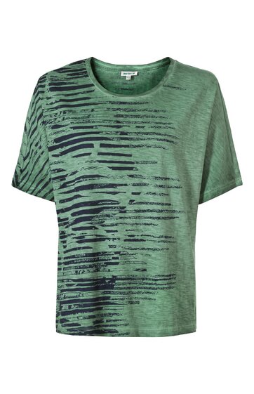 Grünes kurzärmeliges T-Shirt mit asymmetrischem schwarzen Streifenmuster auf der linken Frontseite und dem linken Ärmel, rundem Ausschnitt, lockere Passform