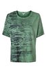 Grünes kurzärmeliges T-Shirt mit asymmetrischem schwarzen Streifenmuster auf der linken Frontseite und dem linken Ärmel, rundem Ausschnitt, lockere Passform