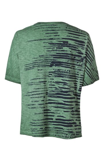 Grünes Herrenshirt mit kurzem Ärmel, schwarzem Streifenmuster auf Rückseite, Rundhalsausschnitt, gerade geschnitten