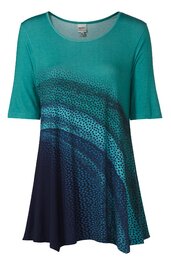 Damen-Tunika, grünblau bis dunkelblau verlaufend, mit punktartigem Muster, Rundhalsausschnitt, halblange Ärmel, ausgestellte Form