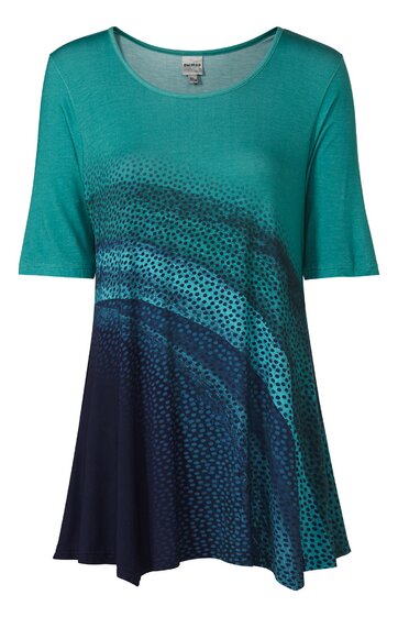 Damen-Tunika, grünblau bis dunkelblau verlaufend, mit punktartigem Muster, Rundhalsausschnitt, halblange Ärmel, ausgestellte Form