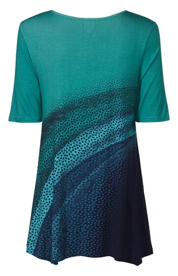 T-Shirt in petrol und dunkelblau mit abstraktem Tupfenmuster, Rundhals, kurze Ärmel, ausgestellte Form