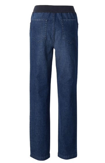 Dunkelblaue Jeanshose mit elastischem Bund, gerade geschnitten, hinten zwei aufgesetzte Taschen, ohne sichtbare Verschlüsse