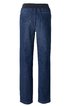 Dunkelblaue Jeanshose mit elastischem Bund, gerade geschnitten, hinten zwei aufgesetzte Taschen, ohne sichtbare Verschlüsse