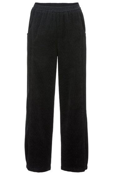 Schwarze, gerade geschnittene Hose mit elastischem Bund, seitlichen Eingrifftaschen, lässiger Passform, ohne sichtbare Muster oder Verzierungen