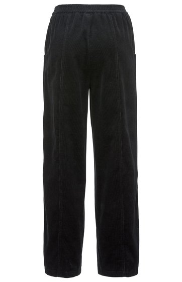 Schwarze Hose mit geradem Bein, elastischem Bund, unifarben, ohne sichtbare Verschlüsse oder Taschen