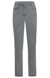Graue Jeanshose, gerade geschnitten, mittelhoher Bund, fünf Taschen, Hosenschlitz mit Reißverschluss und Knopf, keine Muster oder Drucke