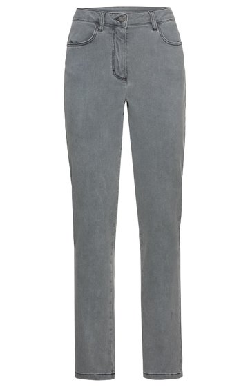Graue Jeanshose, gerade geschnitten, mittelhoher Bund, fünf Taschen, Hosenschlitz mit Reißverschluss und Knopf, keine Muster oder Drucke