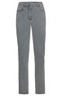 Graue Jeanshose, gerade geschnitten, mittelhoher Bund, fünf Taschen, Hosenschlitz mit Reißverschluss und Knopf, keine Muster oder Drucke