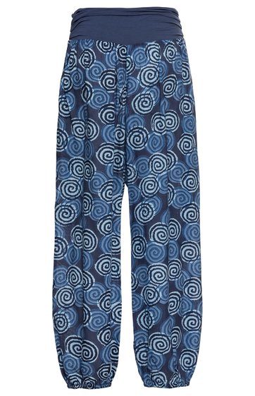 Locker geschnittene Hose in Blautönen mit weißen und dunkelblauen Spiralmustern, breiter elastischer Bund, lange Beine mit elastischen Bündchen am Saum