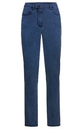 Dunkelblaue Damenjeans, einfarbig, gerade geschnitten, mit fünf Taschen, geradem Bein, sichtbarer Knopf und Reißverschluss vorne