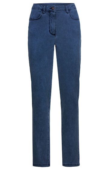 Dunkelblaue Damenjeans, einfarbig, gerade geschnitten, mit fünf Taschen, geradem Bein, sichtbarer Knopf und Reißverschluss vorne