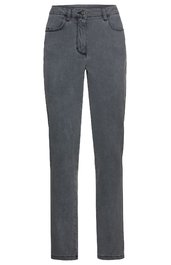 Dunkelgraue Hose mit schmalem Bein, hoher Bund, zwei vordere Taschen, Gürtel mit Schlaufen, Reißverschluss vorne, einfache Nahtführung