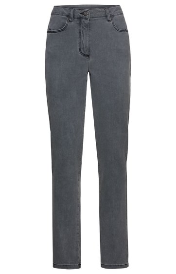 Dunkelgraue Hose mit schmalem Bein, hoher Bund, zwei vordere Taschen, Gürtel mit Schlaufen, Reißverschluss vorne, einfache Nahtführung