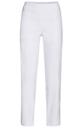Weiße Hose, gerade geschnitten, hoher Bund, ohne sichtbare Taschen oder Verschlüsse, klare Linien, lange Beine