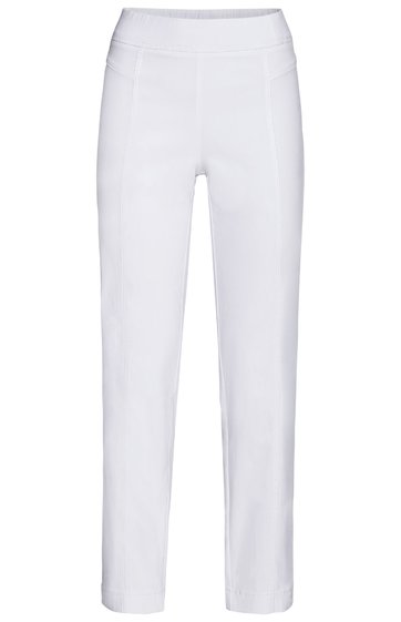 Weiße Hose, gerade geschnitten, hoher Bund, ohne sichtbare Taschen oder Verschlüsse, klare Linien, lange Beine