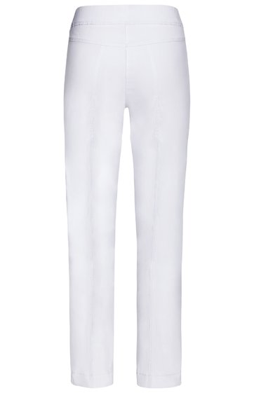 Weiße lange Hose ohne Muster, gerader Schnitt, elastischer Bund, keine sichtbaren Verschlüsse oder Taschen