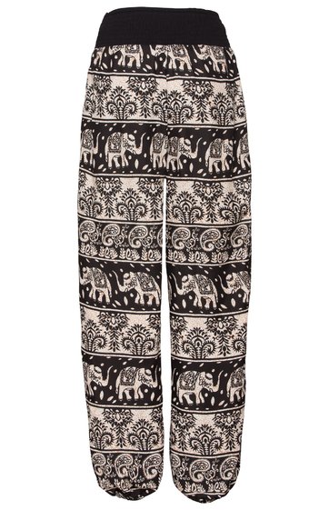 Locker geschnittene Hose mit elastischem Bund und Bündchen in Schwarz und Weiß, gemustert mit Elefanten und floralen Ornamenten, durchgehendes Design, gerade geschnittene Beine