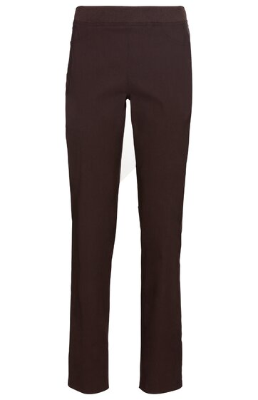 Dunkelbraune, schmale Hose ohne Muster, gerade geschnittene Beine, elastischer Bund ohne sichtbare Verschlüsse