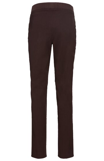 Hose, dunkelbraun, ohne Muster, mit elastischem Bund, gerade geschnitten, ohne sichtbare Taschen oder Verschlüsse