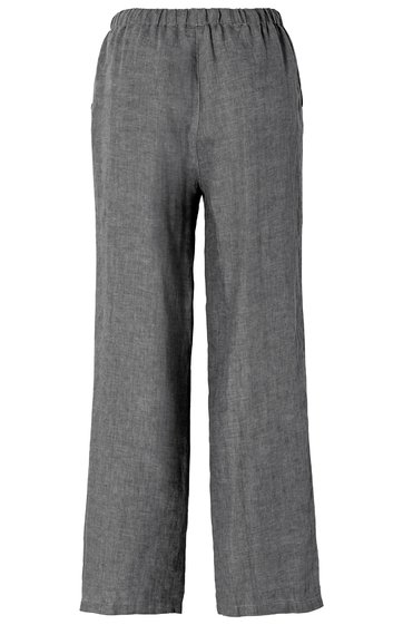 Hose in dunkelgrau, gerade geschnitten, elastischer Bund, schlichte Ausführung ohne Muster, keine sichtbaren Taschen oder Verzierungen