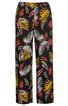 Schwarze lange Hose mit buntem Blattmuster in Gelb, Weiß, Rot, gerade geschnitten, elastischer Bund ohne sichtbare Verschlüsse