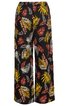 Schwarze lange Hose mit weitem Bein, gemustert mit großen Blättern in Gelb, Rot, Weiß und Braun, elastischer Bund, gerade geschnitten
